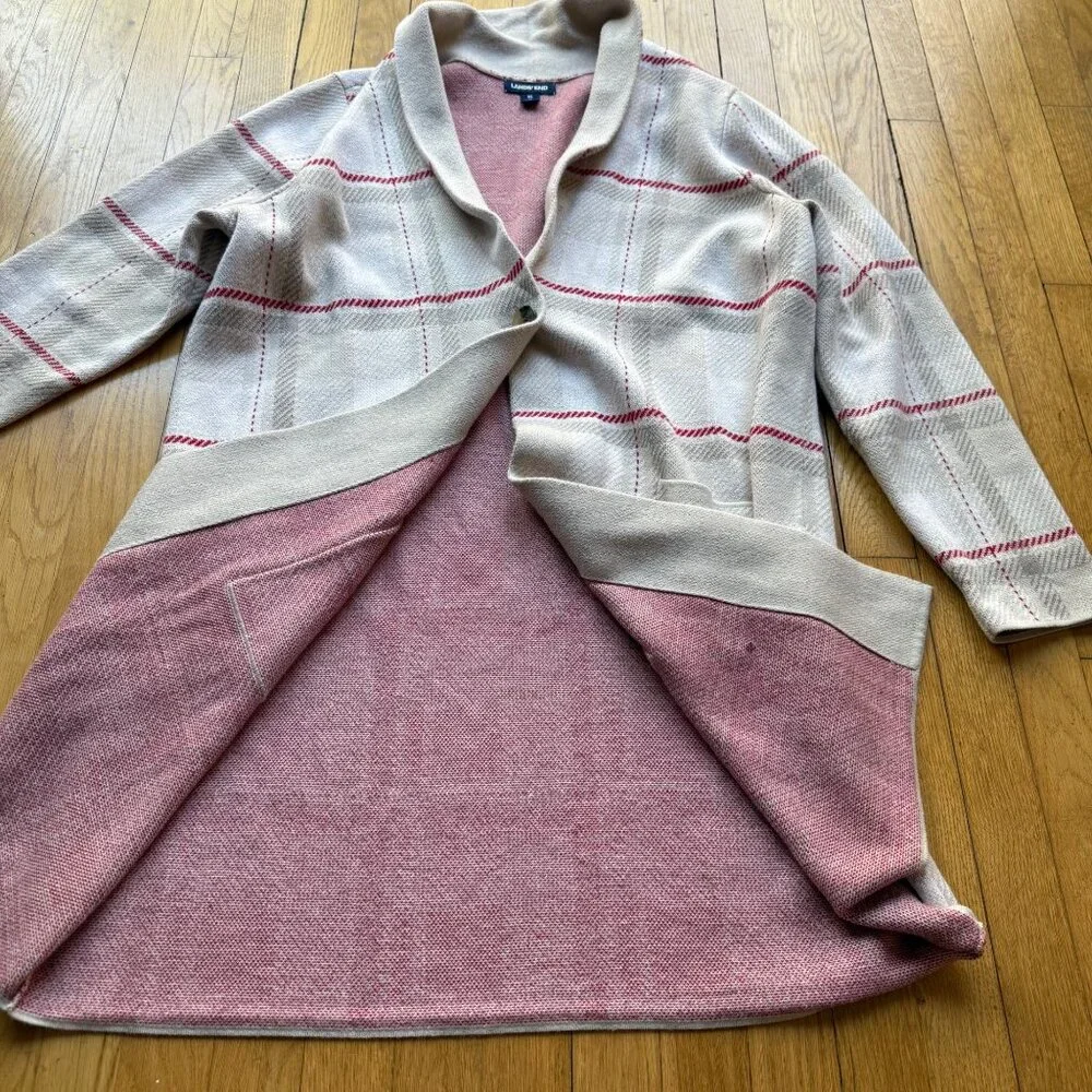 Lands End Size XL Beige & Red Plaid Long Sleeve Shawl Collar Cardigan Sweater - Picture 4 of 16